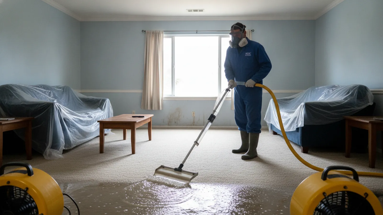 Water damage restoration technician extracting standing water from a Los Angeles home