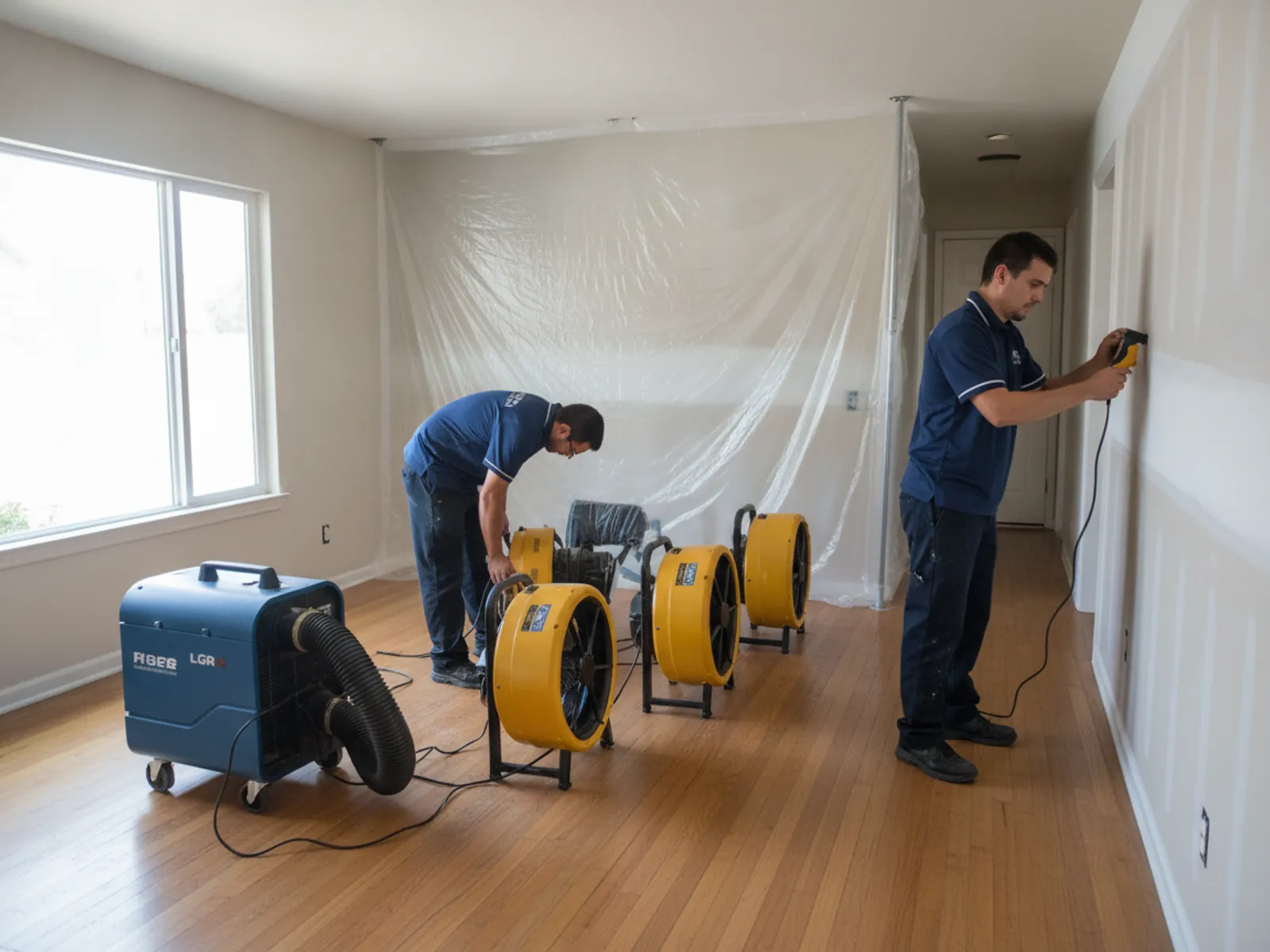 Water damage restoration crew setting up air movers and a dehumidifier in a Los Angeles home